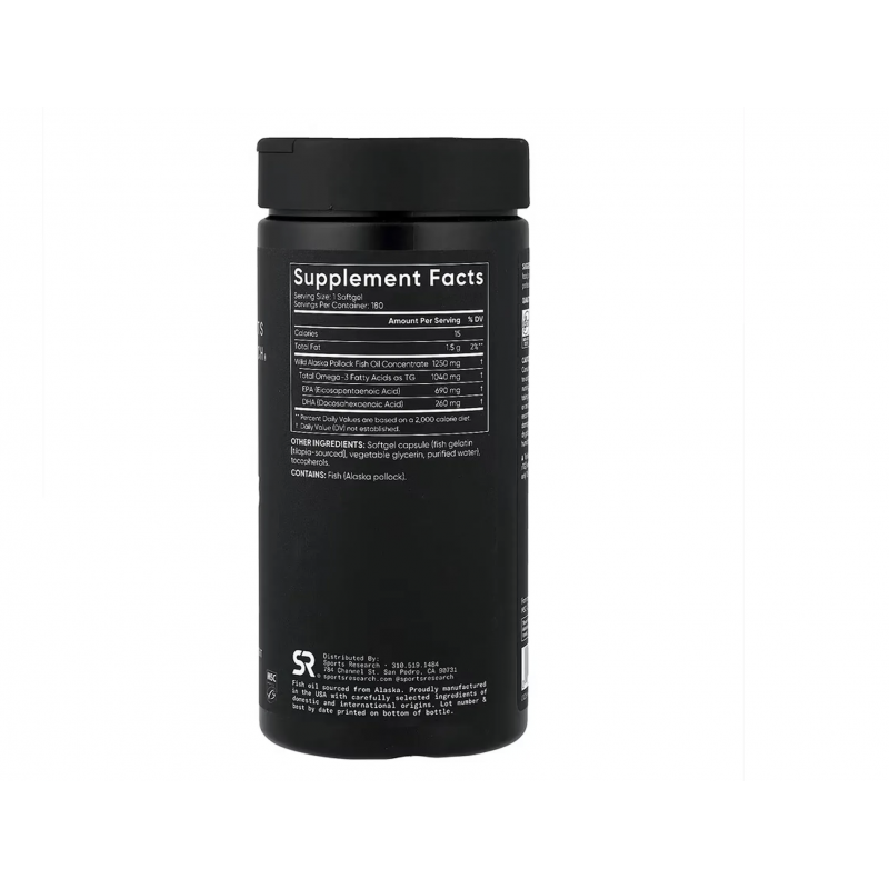 Риб' ячий жир потрійної сили з Омега-3 Sports Research Omega-3 Fish Oil Triple Strength 1250 мг, 180 капсул