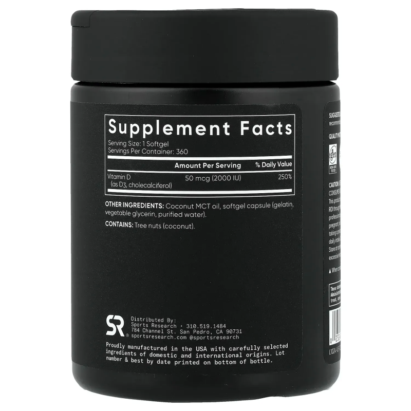 Витамин D3 Sports Research Vitamin D3 50 мкг (2 000 МЕ), 360 мягких капсул